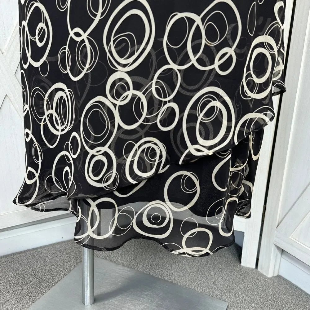 Karin Stevens Layered Chiffon Geometric Circle Print Midi‎ Skirt Black 16W